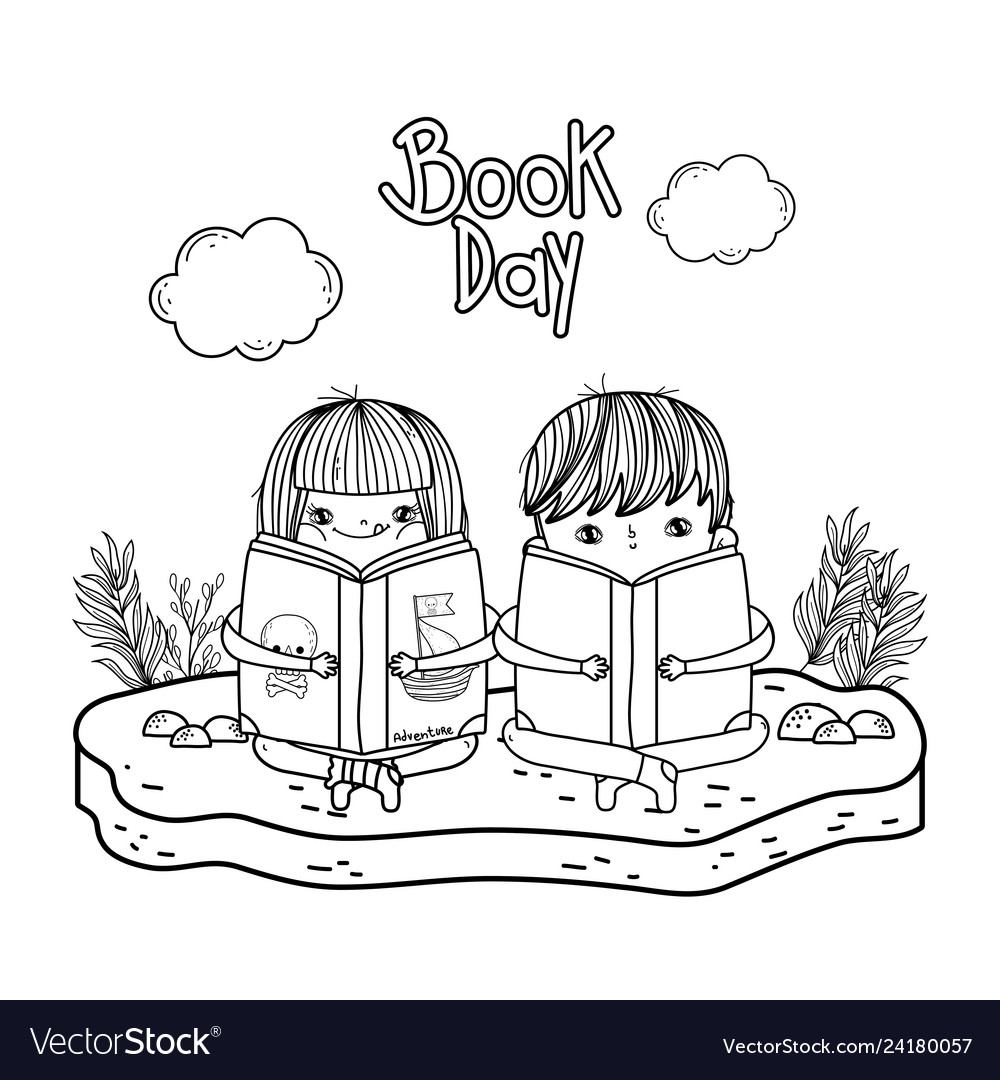 Happy little kids reading books in the landscape Vector Image