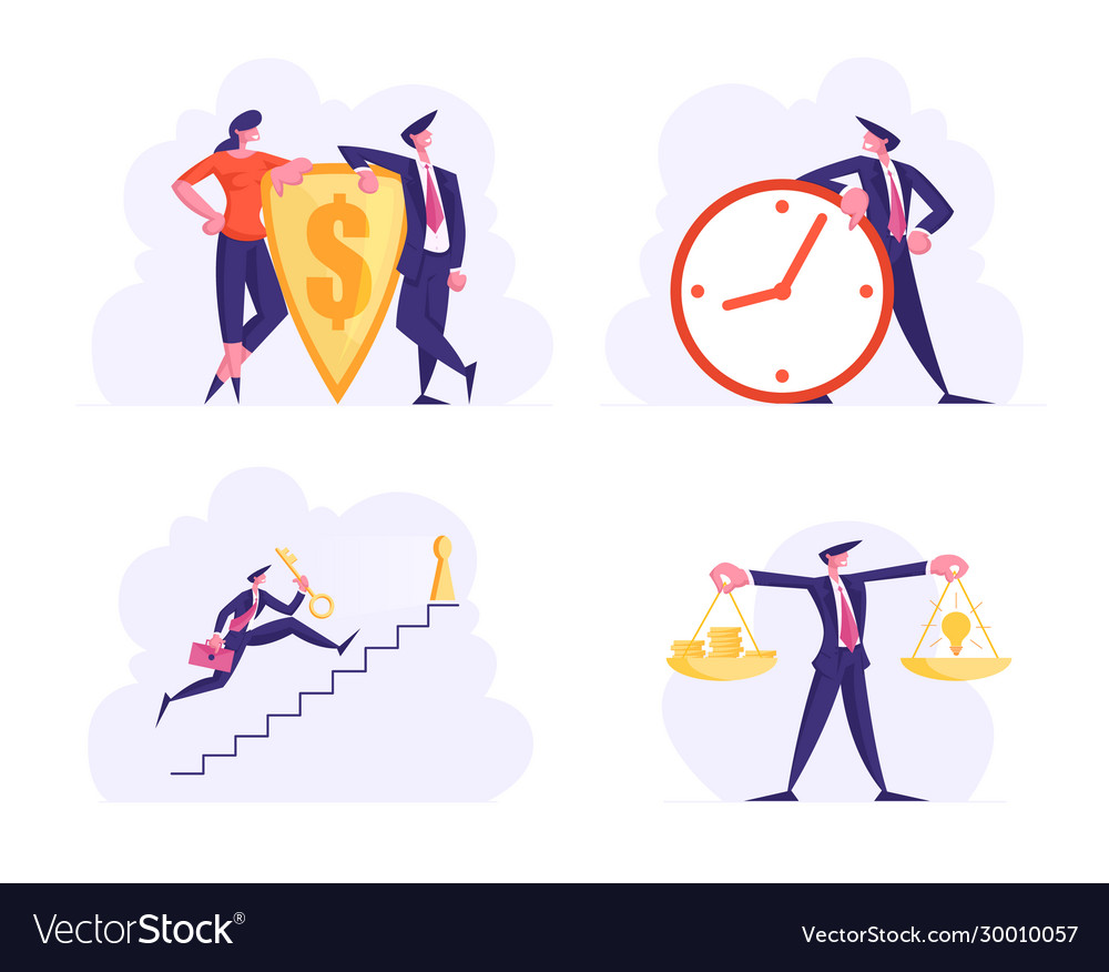 Set business people with huge golden shield Vector Image