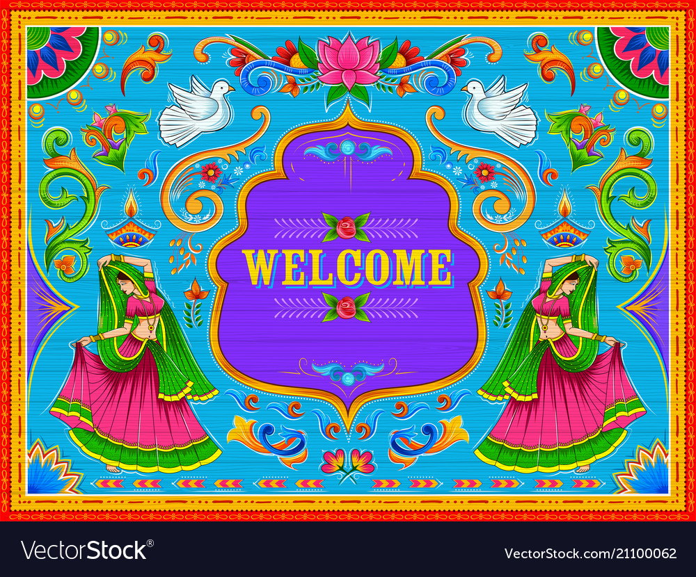 Colorful Welcome Banner In Truck Art Kitsch Style