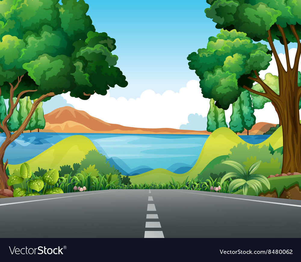 Scene with road to lake Royalty Free Vector Image