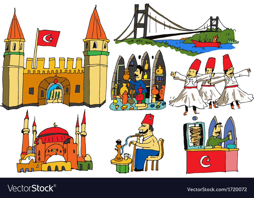 7 authentic caricatures of Turkish scenes Vector Image