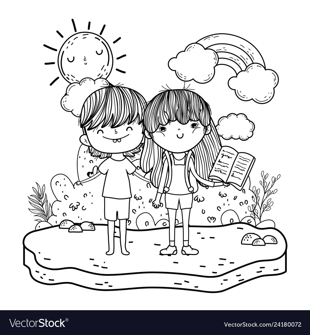 Little kids couple in landscape Royalty Free Vector Image