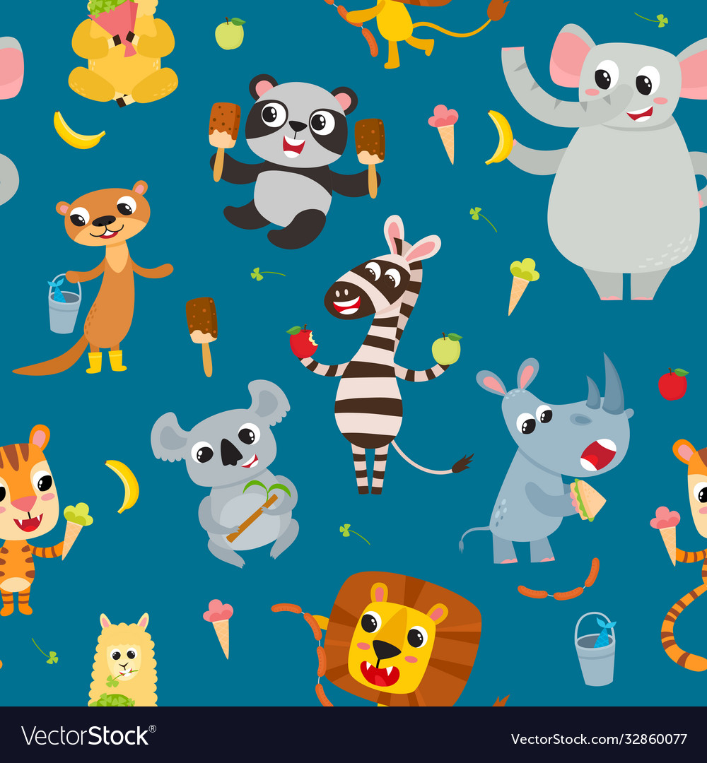 Cute adorable animals character eating different Vector Image Cute adorable animals character eating different Vector Image