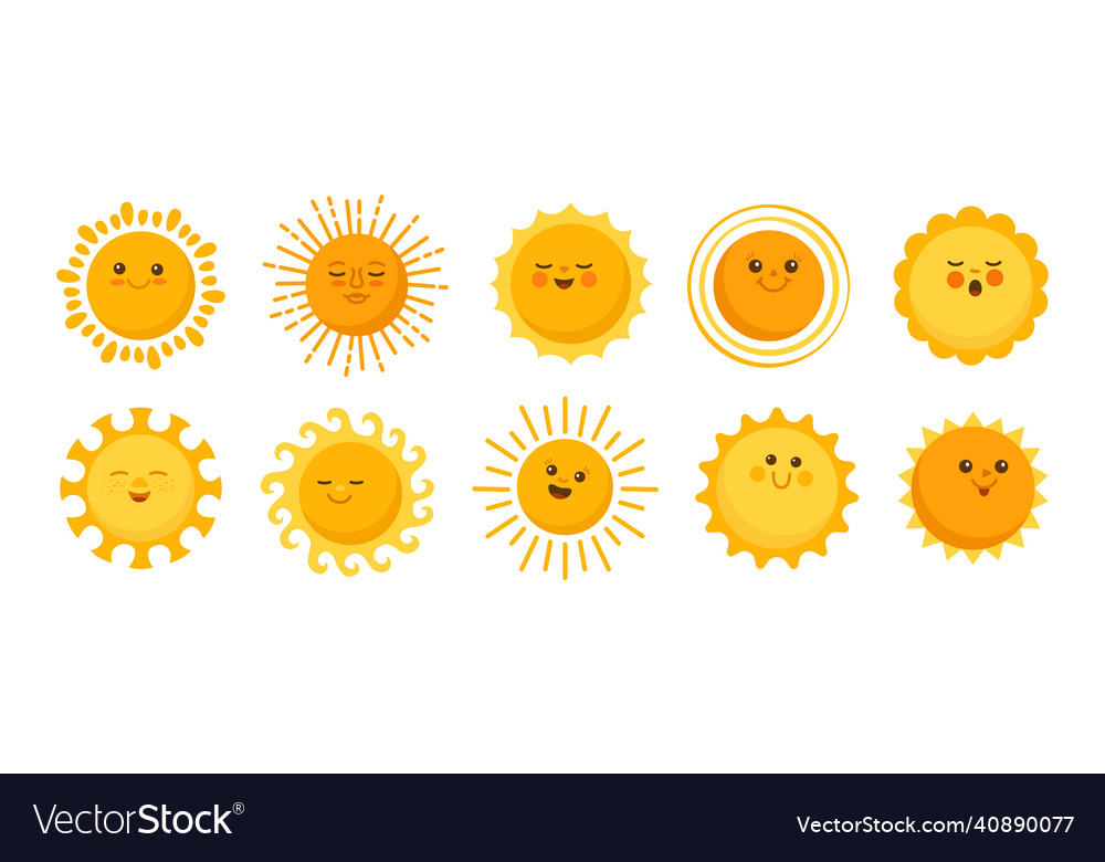 Cartoon sun character with various emotion faces