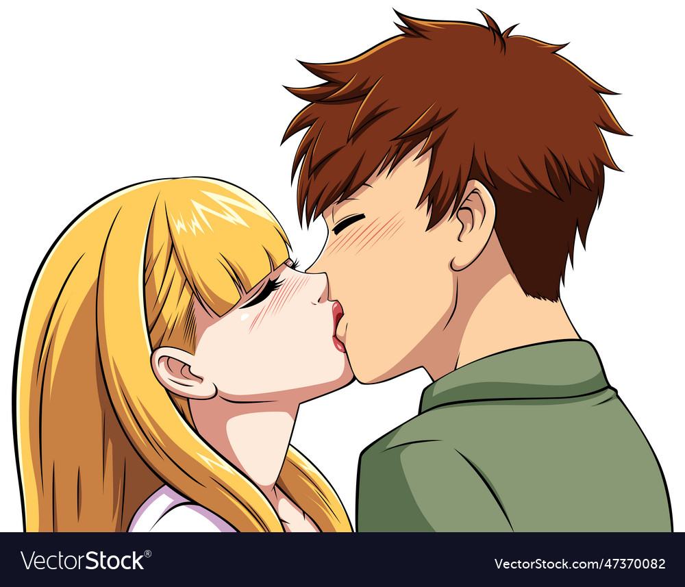 Anime boy and girl kissing on white Royalty Free Vector