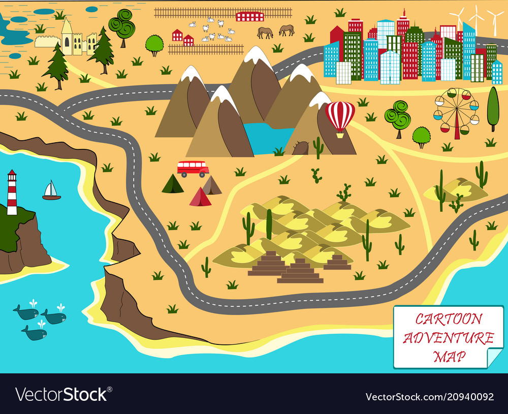 Cartoon Map With Sea Mountains Desert And City Vector Image