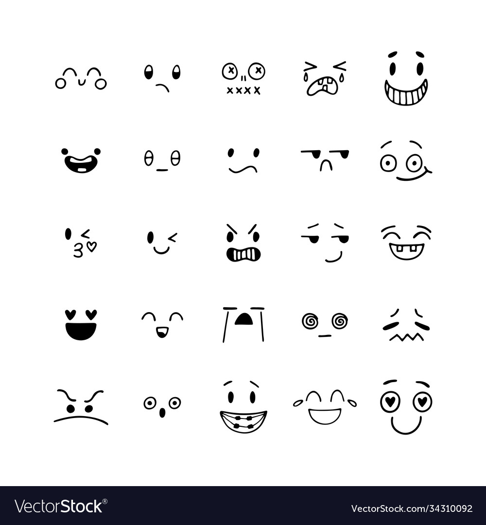 Hand drawn funny smiley faces kawaii style Vector Image