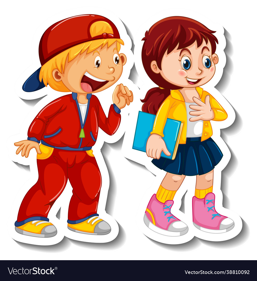 Sticker template with couple kids students Vector Image