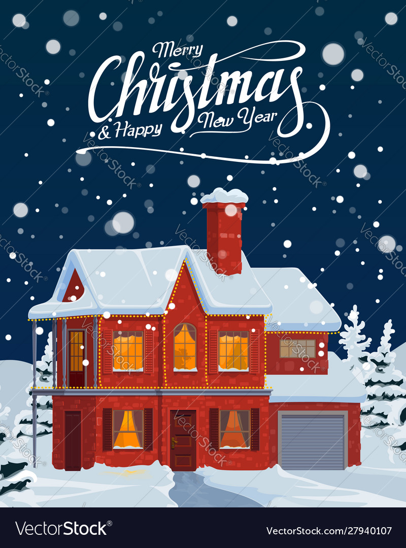 Christmas house with falling snow winter holidays Vector Image