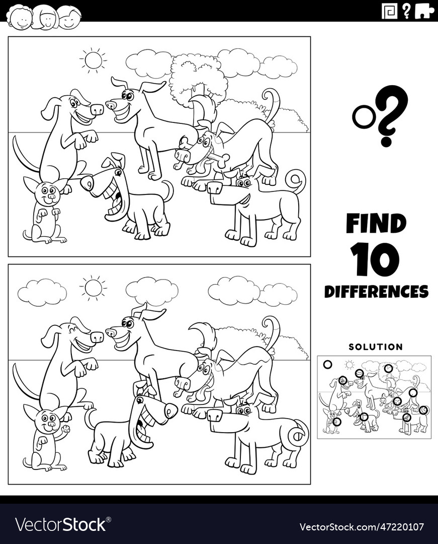 Differences game with cartoon dogs group coloring Vector Image