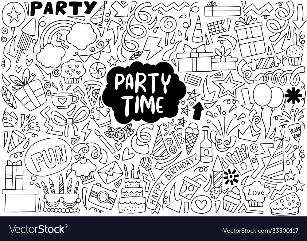 Hand drawn party doodle happy birthday ornaments Vector Image