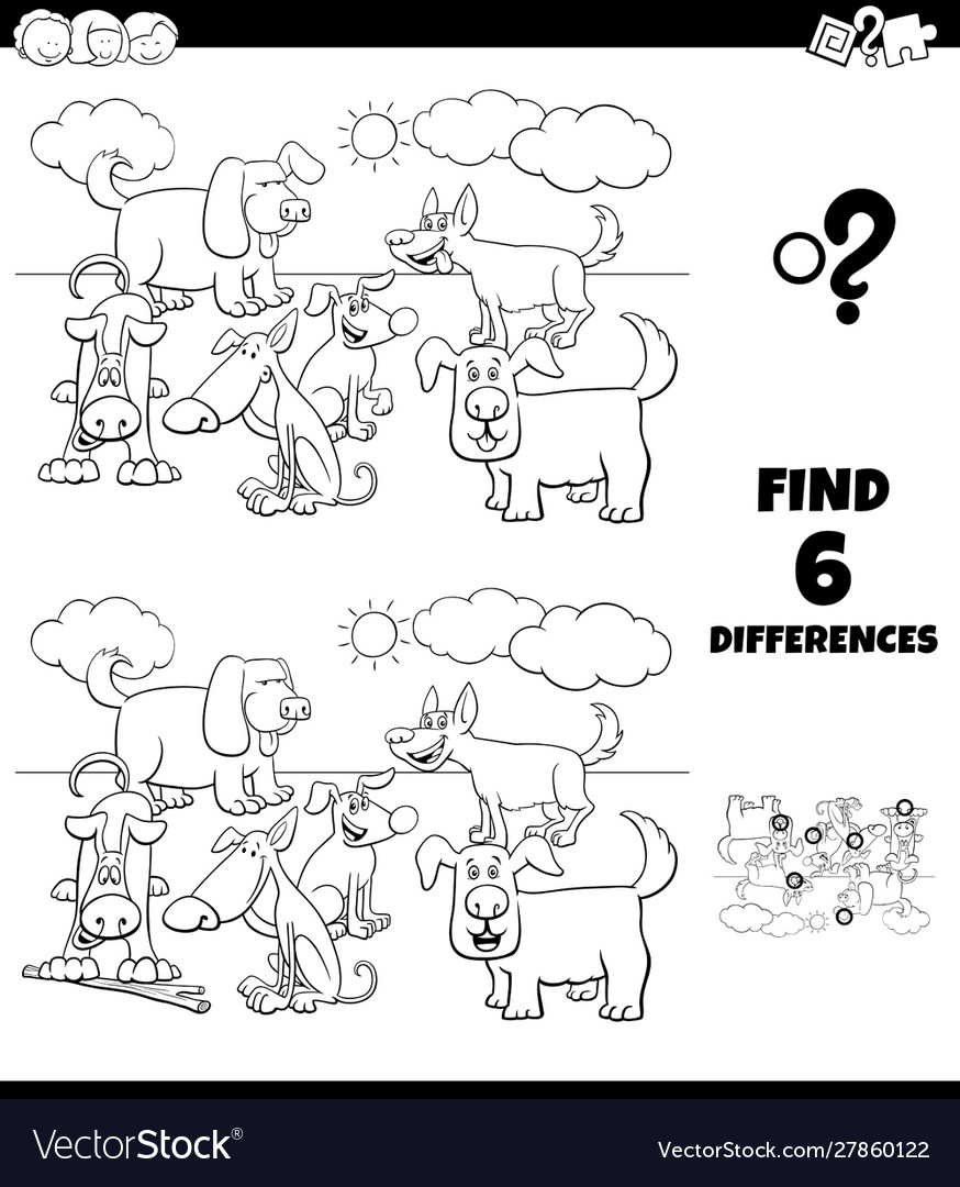 Differences coloring game with dogs characters Vector Image