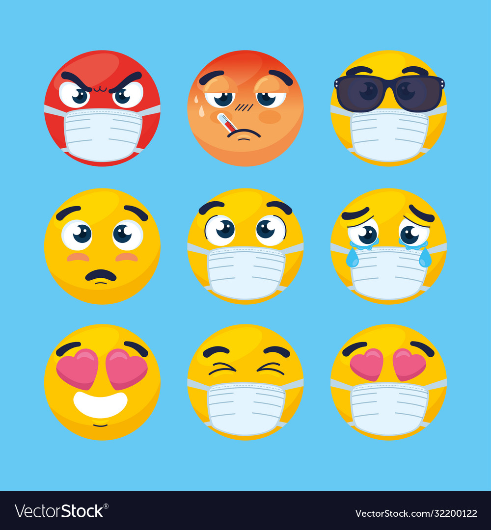 Set emojis wearing medical mask faces Royalty Free Vector