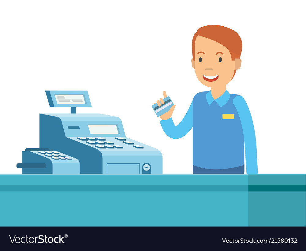 Cartoon of happy man in the cashier Royalty Free Vector