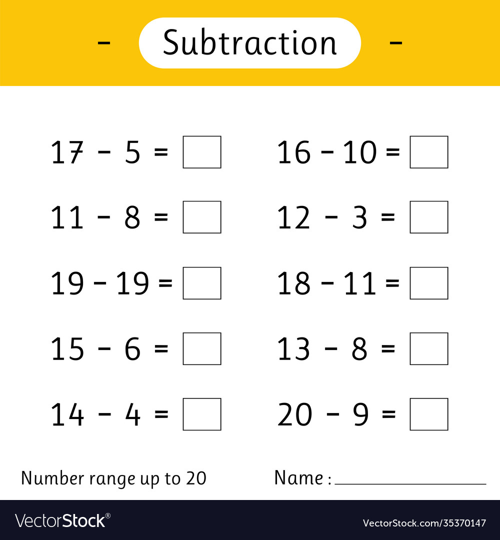 Subtraction number range up to 20 math worksheet Vector Image