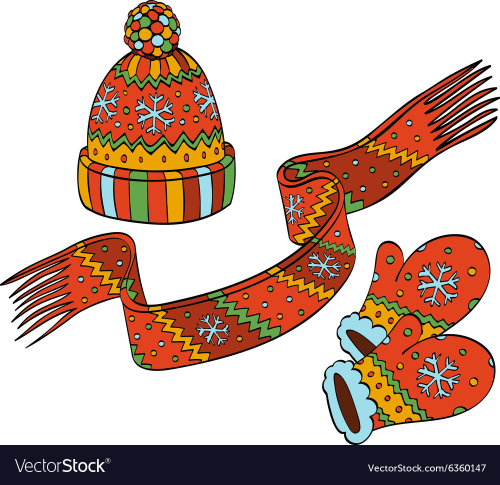 Realistic 3d Detailed Hat Scarf And Mittens Set Vector Stock