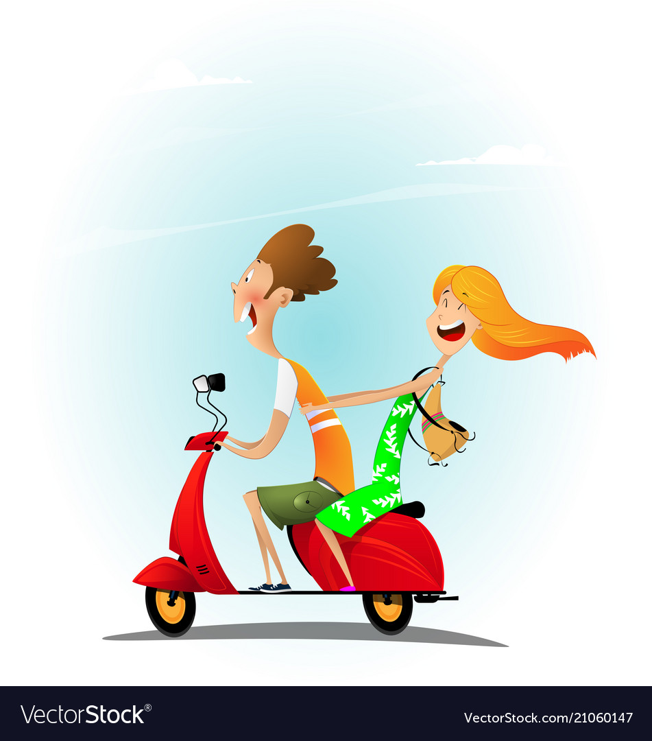 Young cheerful cartoon couple riding a scooter Vector Image