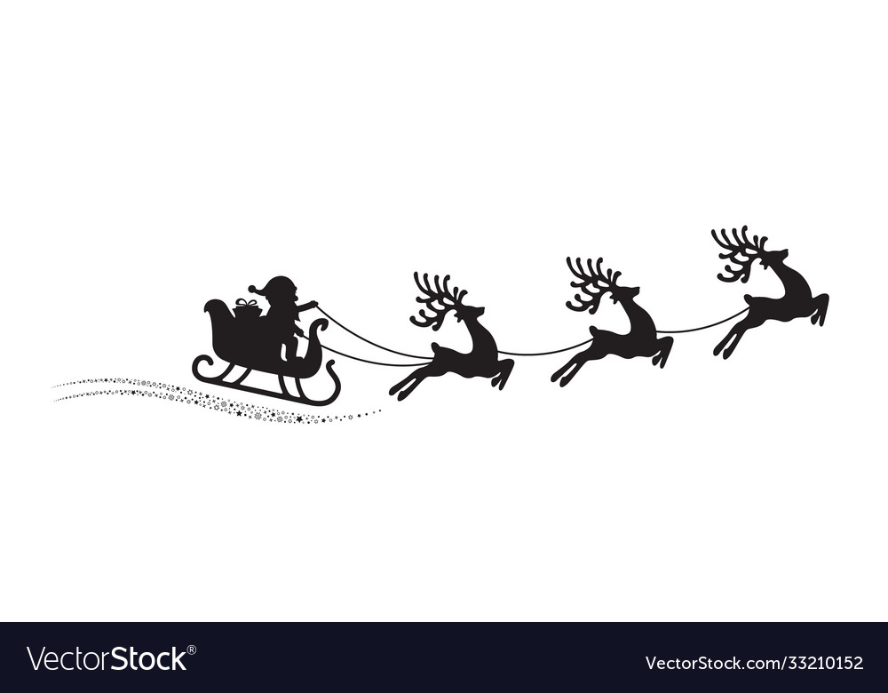 Santa Reindeer Sleigh Flying Stars Magic White Vector Image