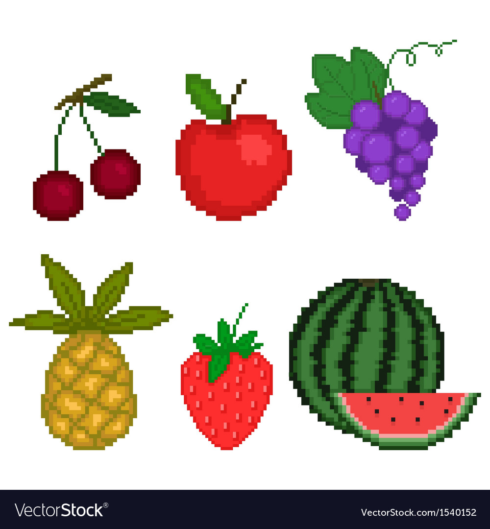 Pixel Art Vector Fruits Set 16x16 Isolated On White Background