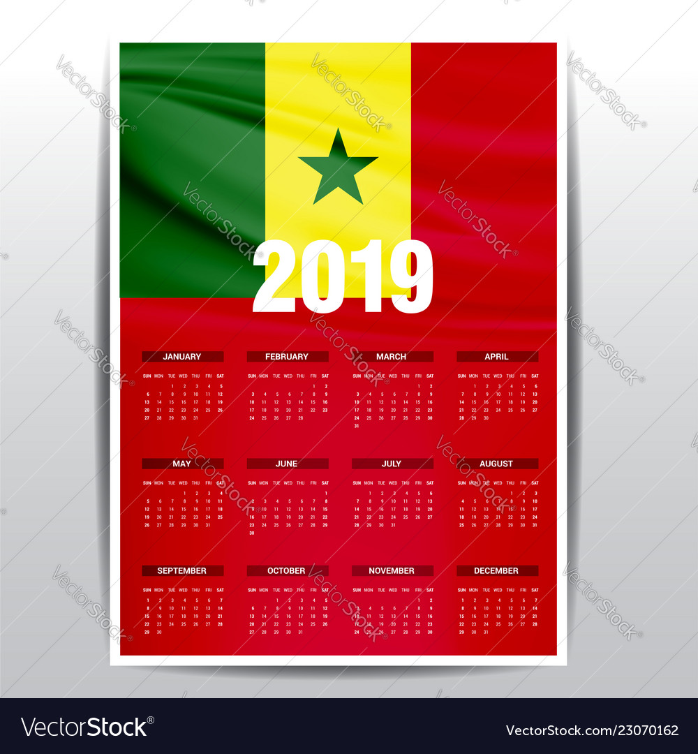 Calendar 2019 senegal flag background english Vector Image