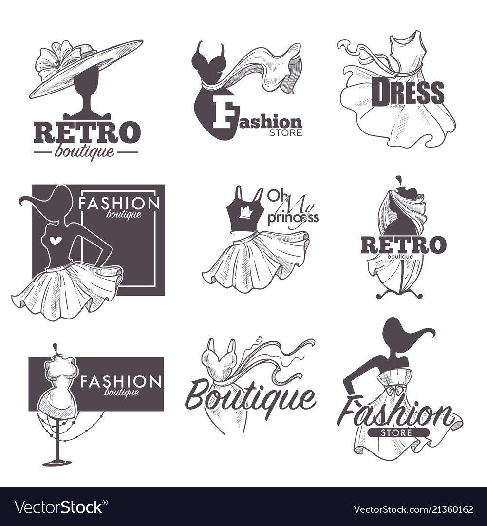 Fashion dress boutique sketch retro icons vector image Fashion dress boutique sketch retro icons