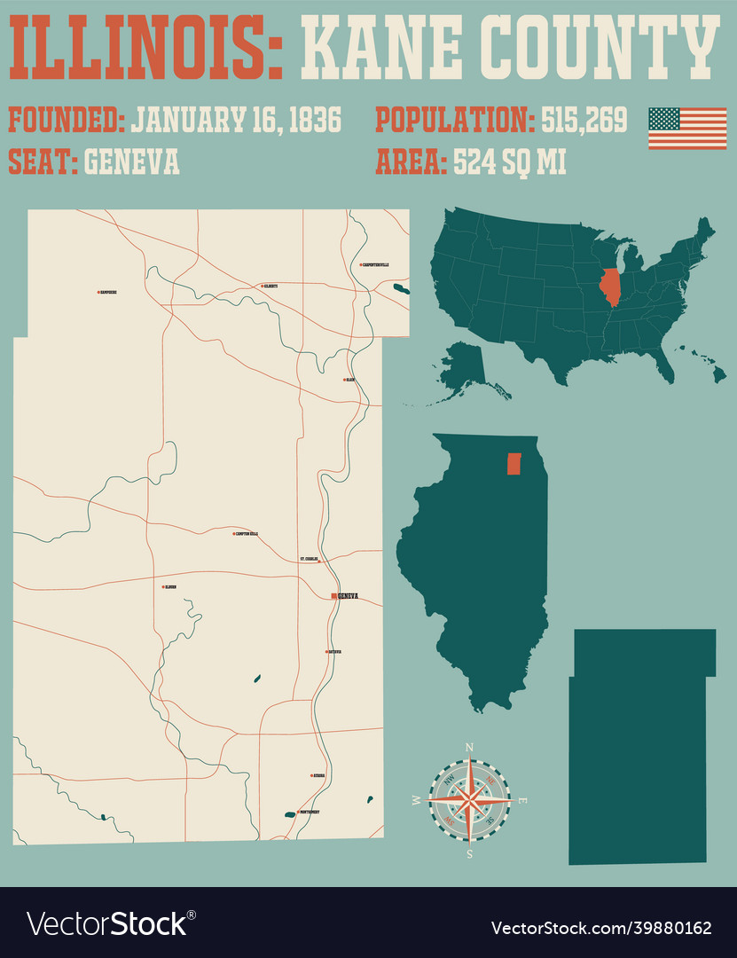 Map of kane county in illinois Royalty Free Vector Image