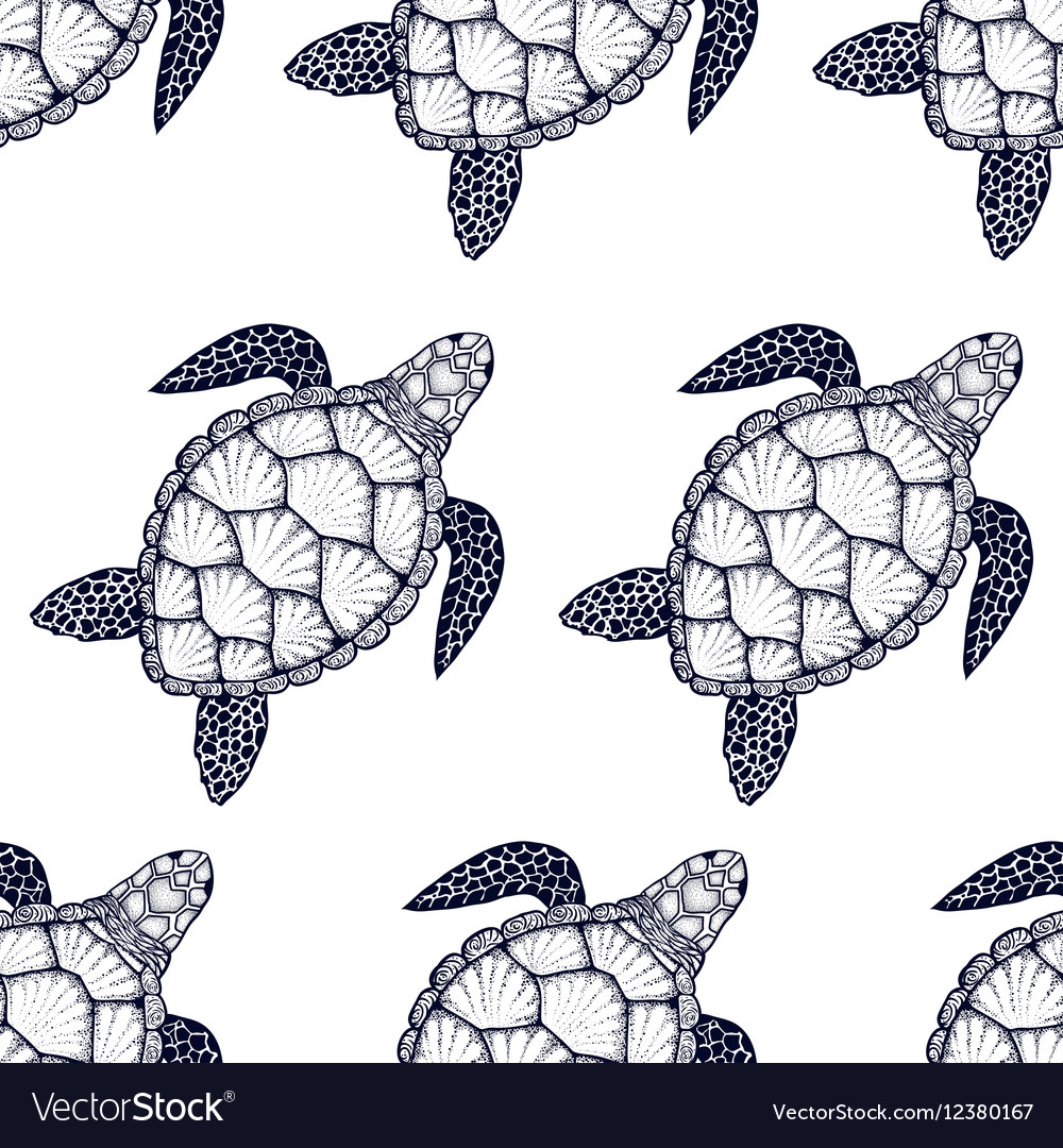 seamless pattern with sea turtle in line art style