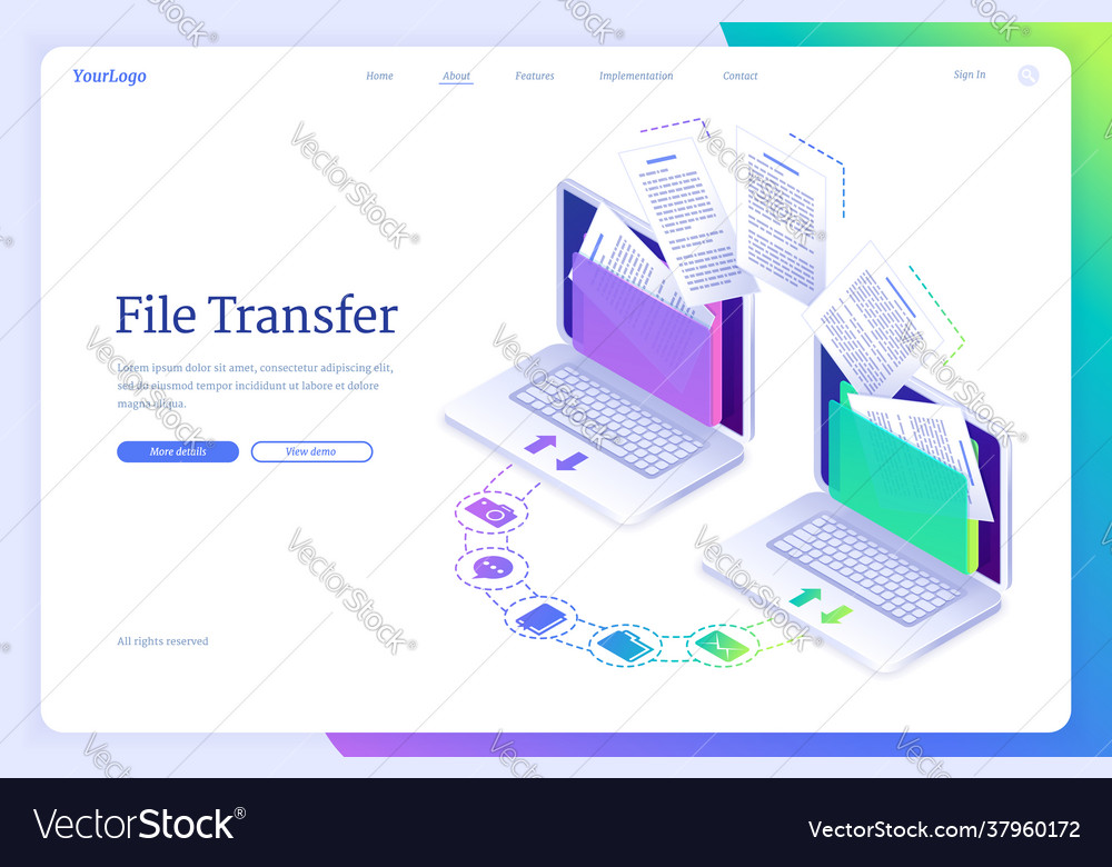 File transfer isometric landing data migration Vector Image