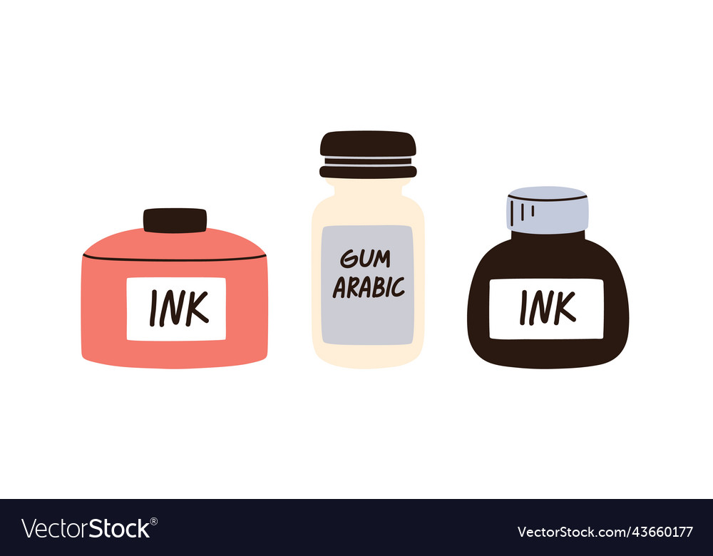 Ink and gum arabic essences in bottles Royalty Free Vector