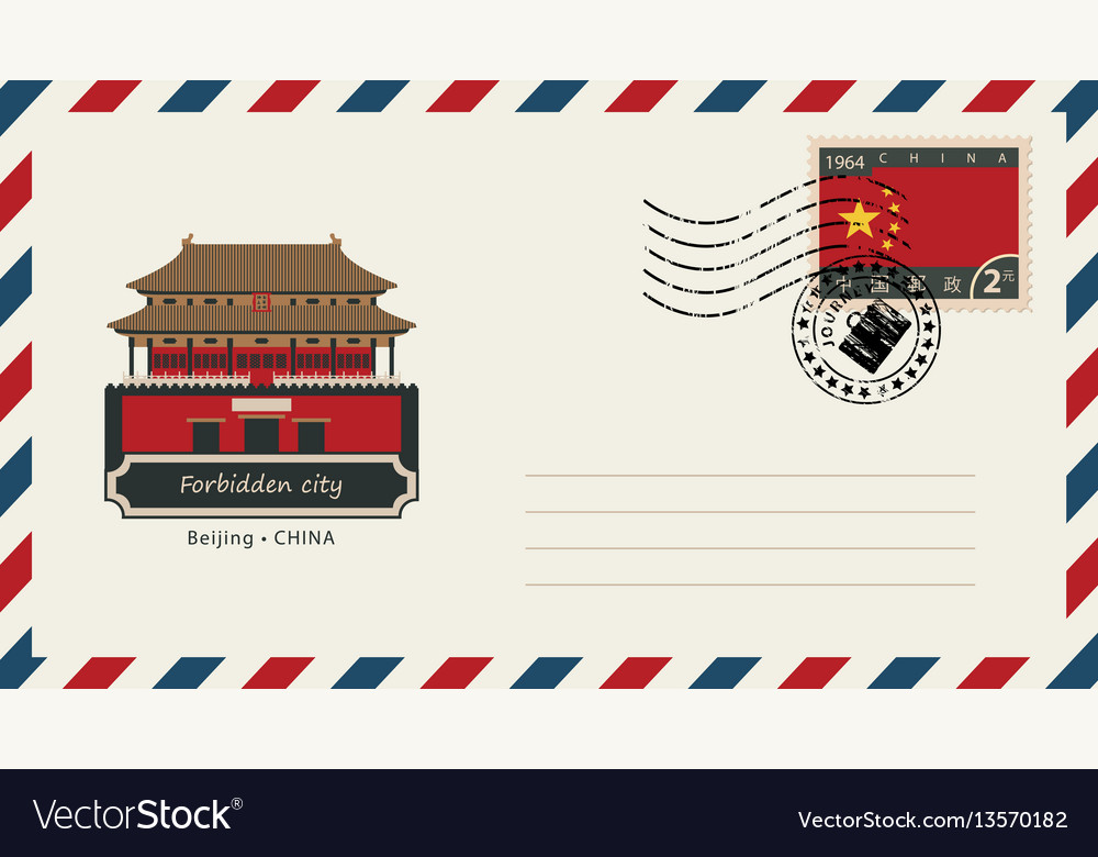 an envelope with a stamp and a chinese flag vector image