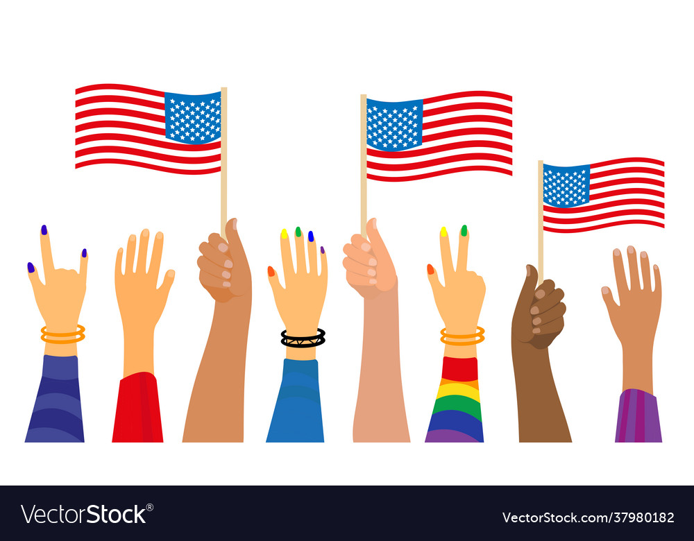 Happy 4th july people hold american flag Vector Image