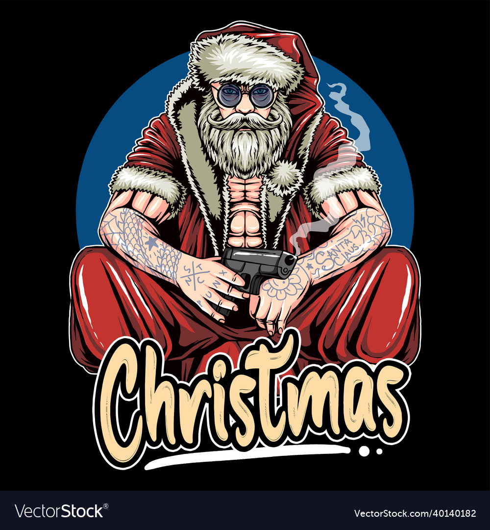 Santa claus with a tattoo and carrying gun Vector Image