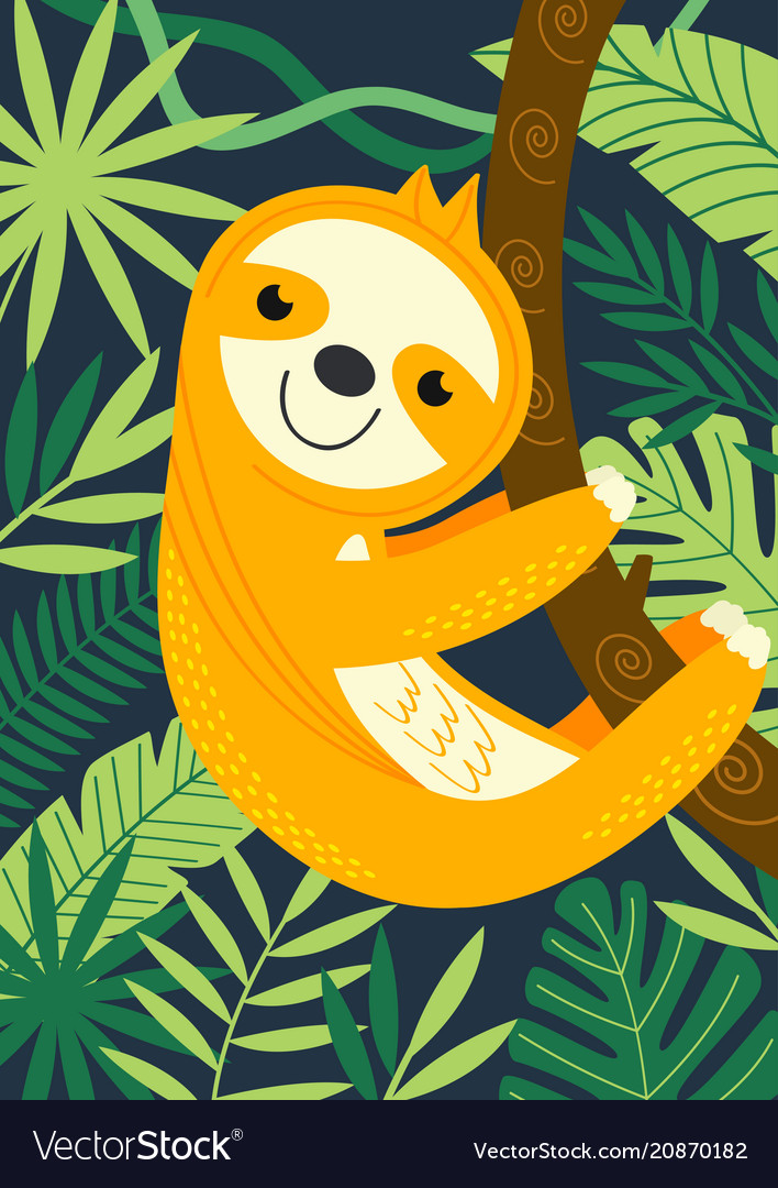 Sloth on branch among tropical plants Royalty Free Vector