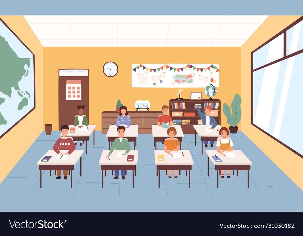 Smiling pupils sitting at desks in classroom Vector Image