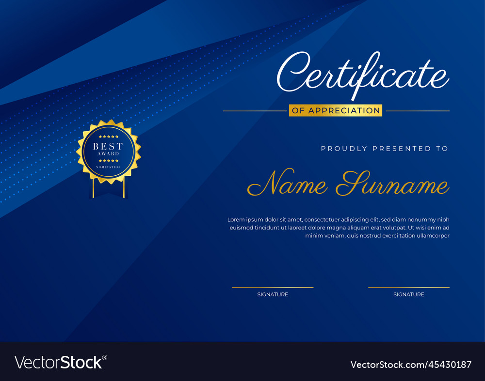 Blue and gold certificate of achievement template Vector Image