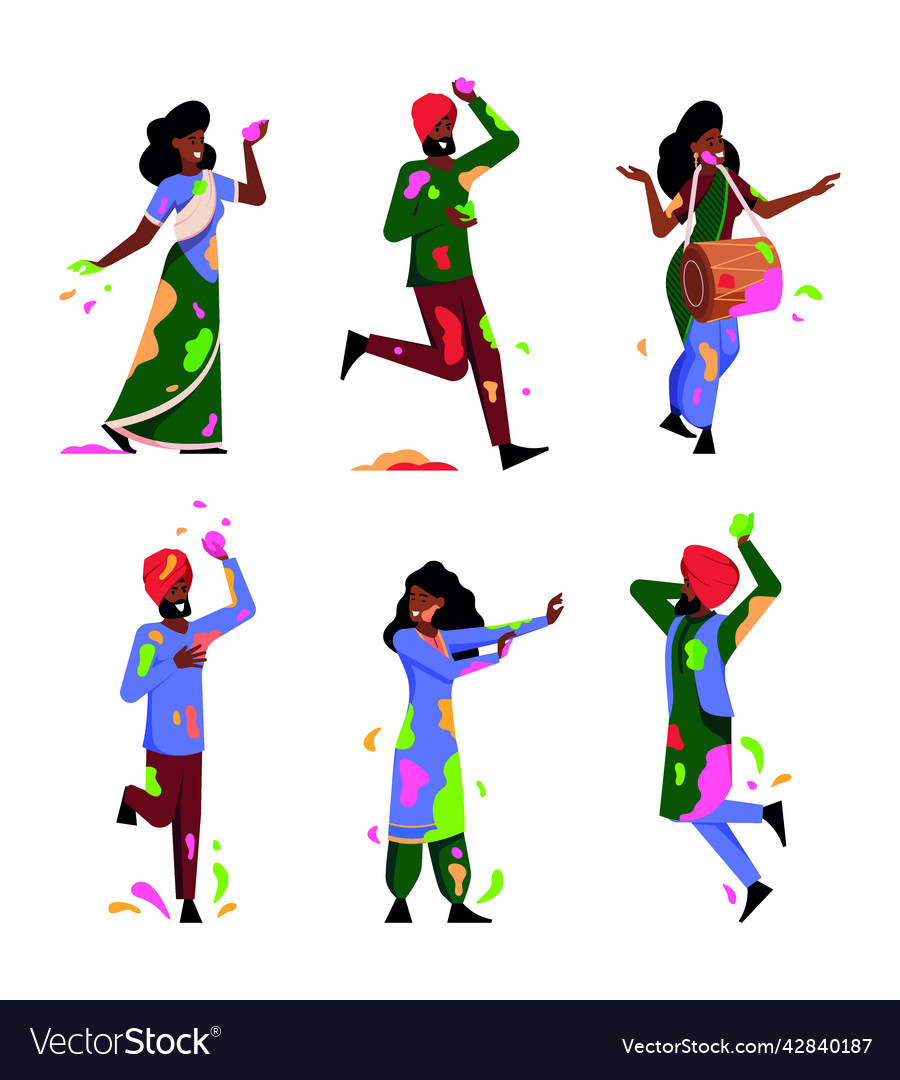 Holi characters happy dancers with colored paint Vector Image