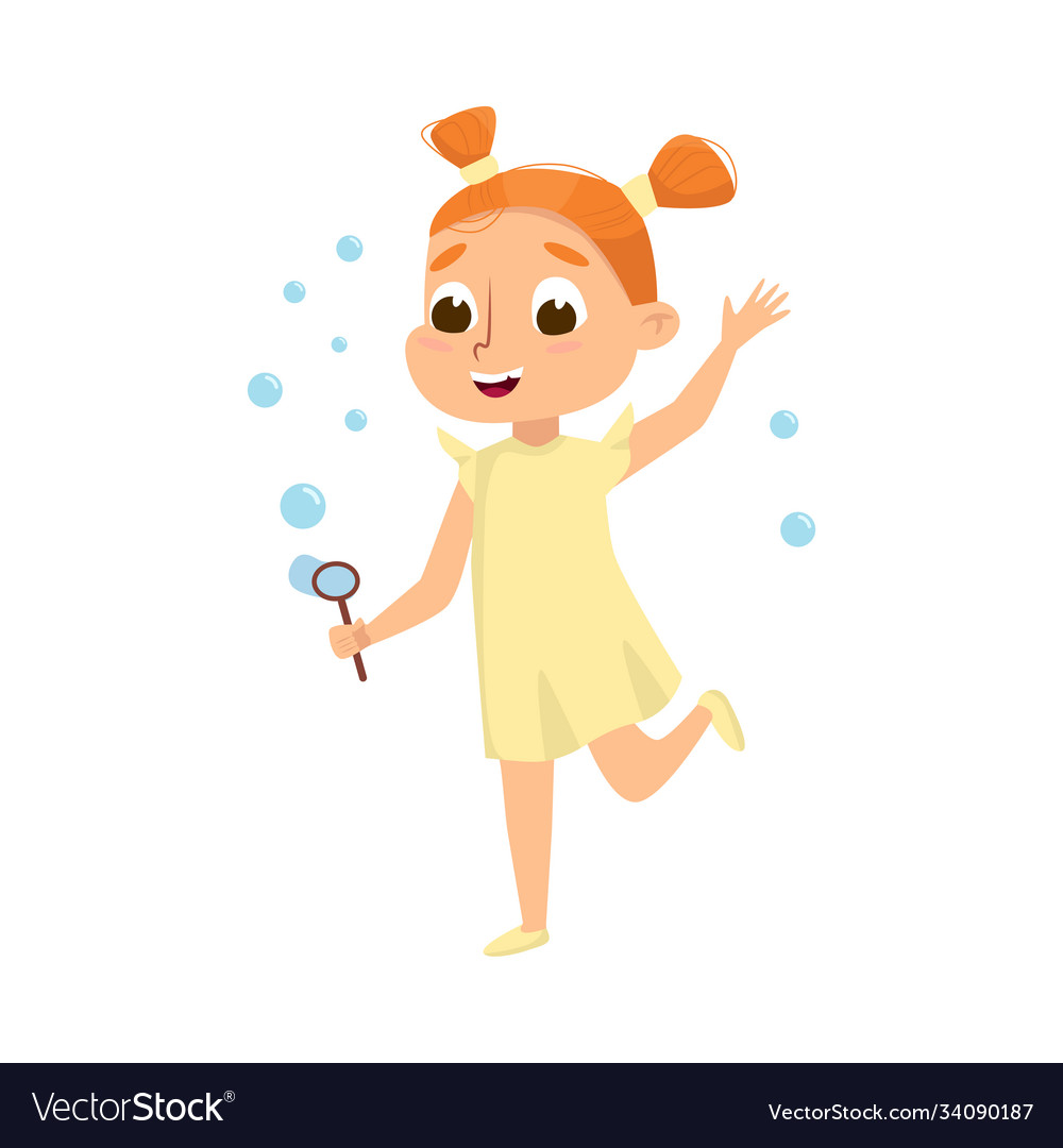 Lovely redhead girl blowing soap bubbles through Vector Image