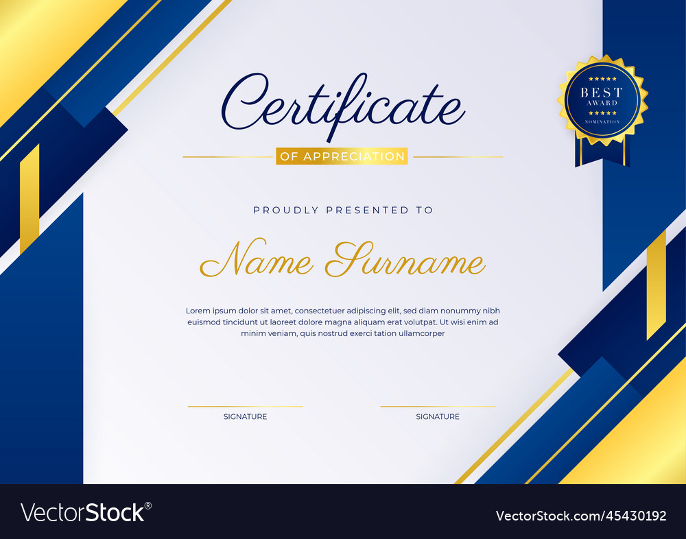 Blue and gold certificate of achievement template Vector Image