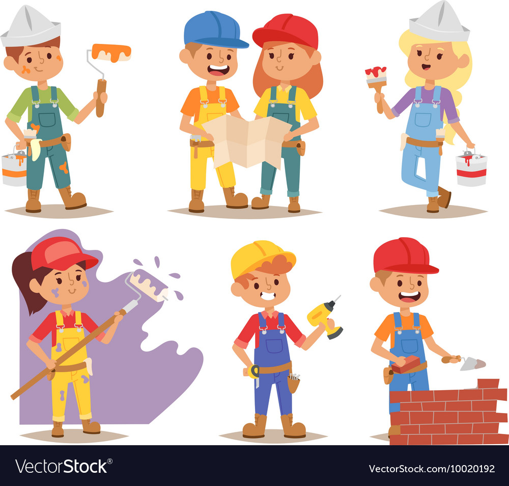 Builders kids charcaters Royalty Free Vector Image