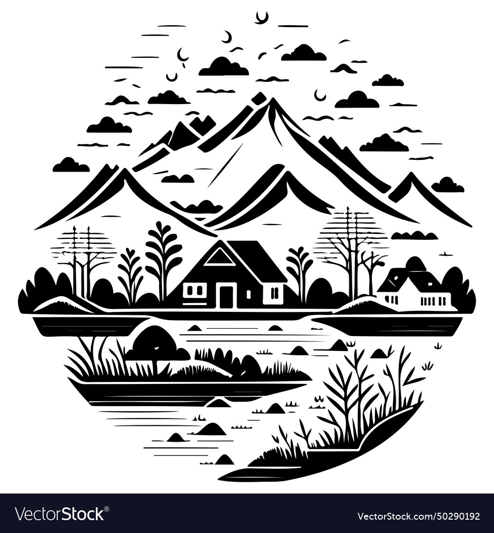 Village river graphic sketch draw Royalty Free Vector Image