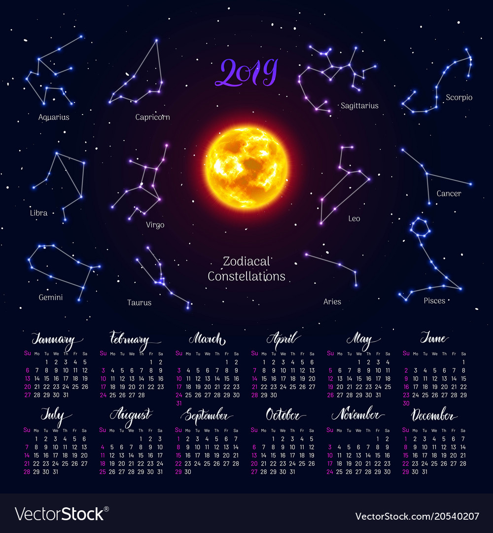 Calendar sun zodiac signs 2019 night sky Vector Image