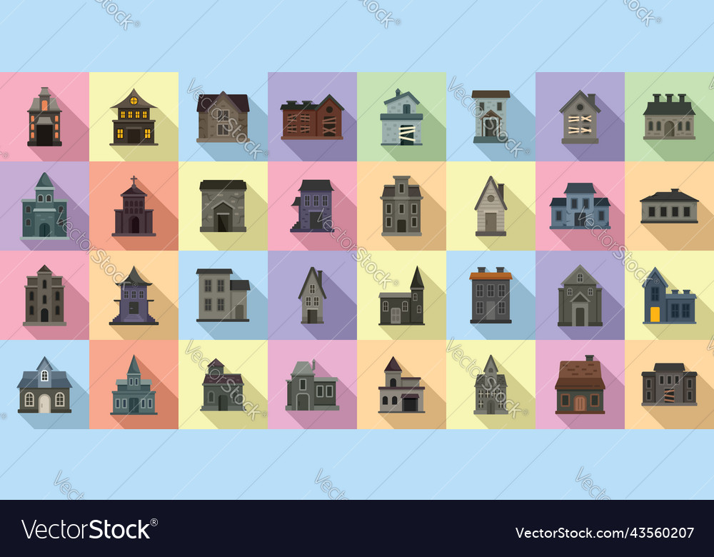 Creepy house icons set flat scary castle Vector Image