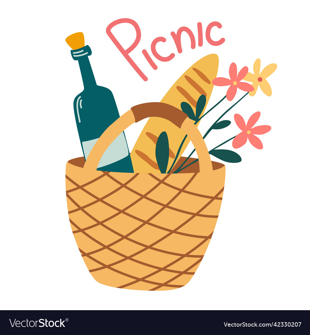 Wicker picnic basket food in crate wine Royalty Free Vector