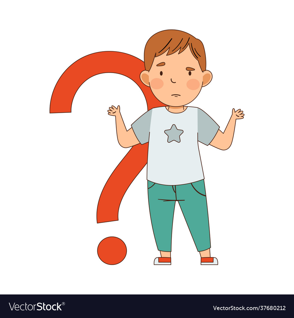 Puzzled little boy with question mark shrugging Vector Image