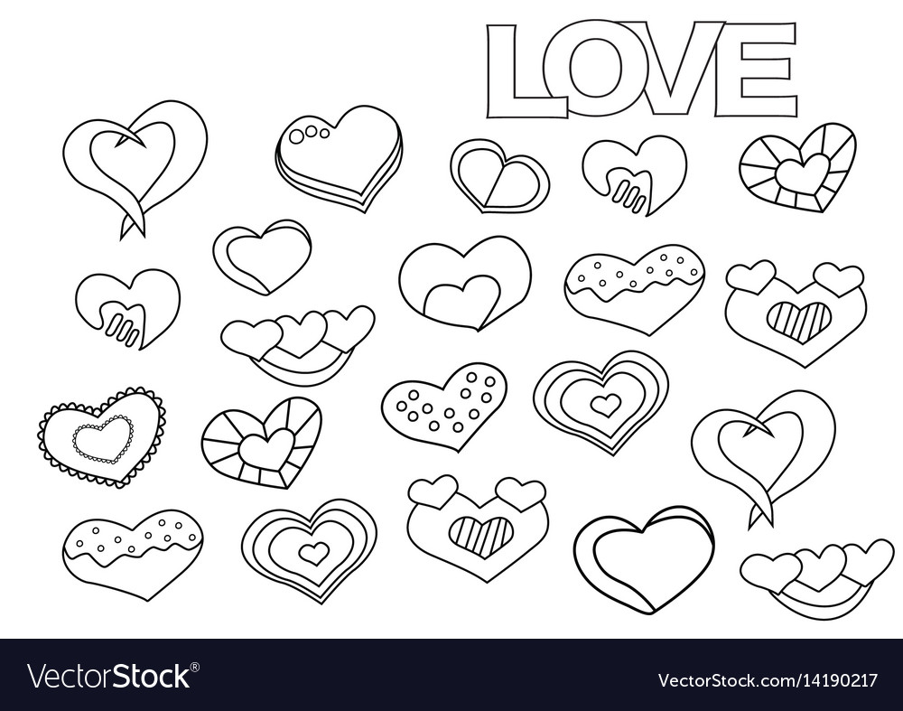 Valentine day hearts set coloring book page Vector Image