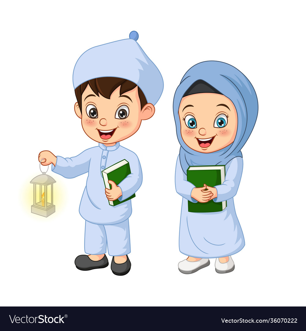 Cartoon muslim kid holding quran book with ramadan Cartoon muslim kid holding quran book with ramadan