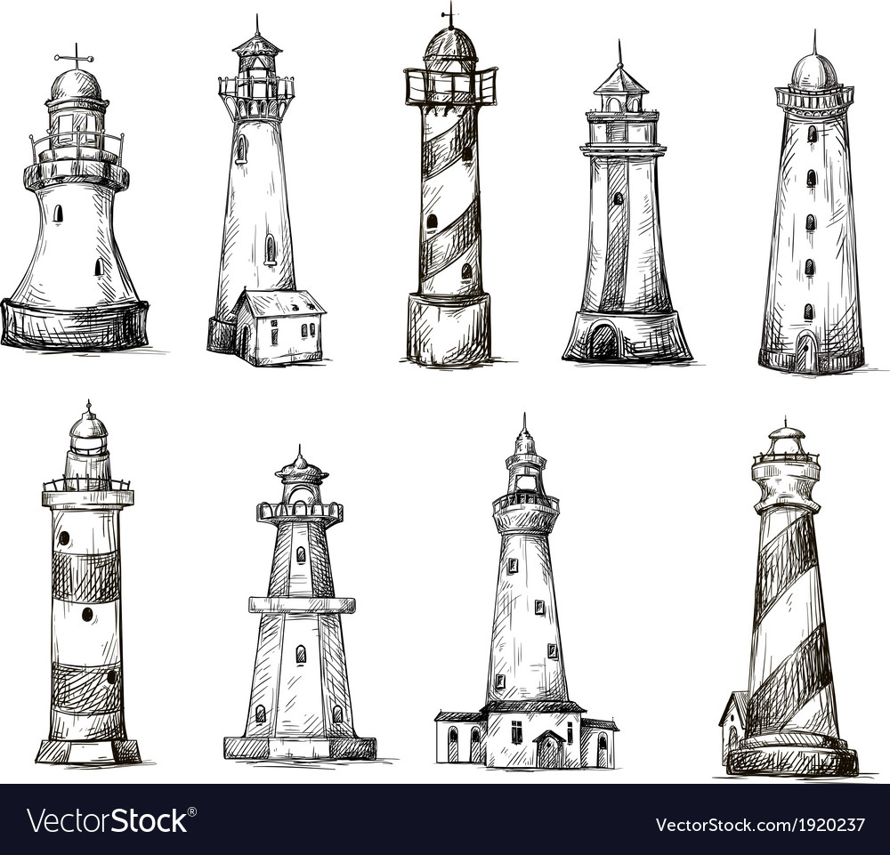 Set of cartoon lighthouses icons pencil drawing Vector Image