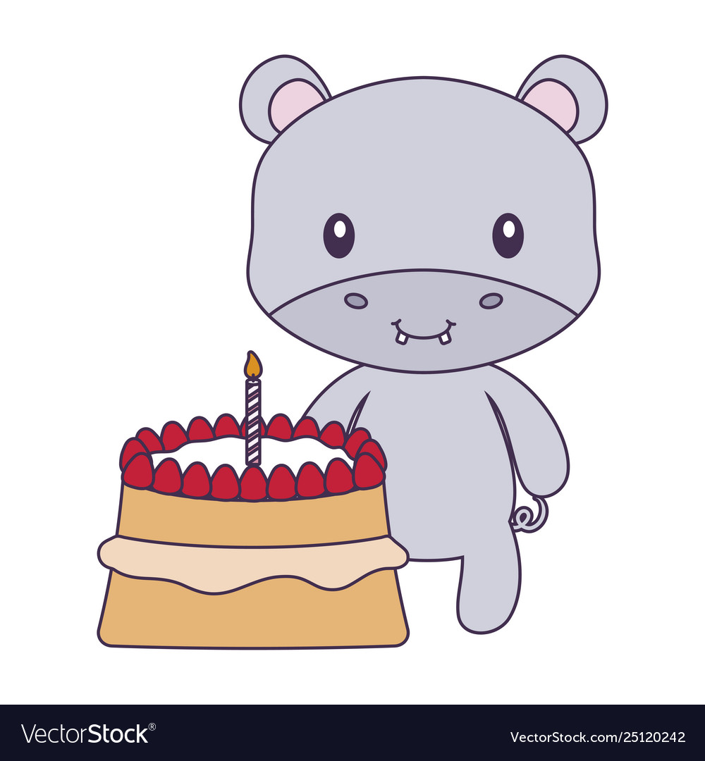 Cute hippopotamus animal with cake birthday Vector Image