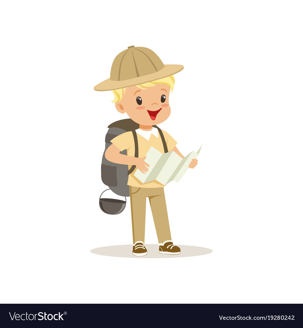 Cute little boy in scout costume with backpack Vector Image