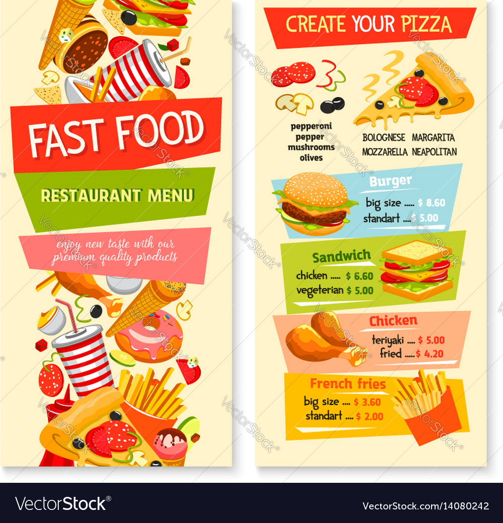 Fast food flat menu design for restaurant Vector Image